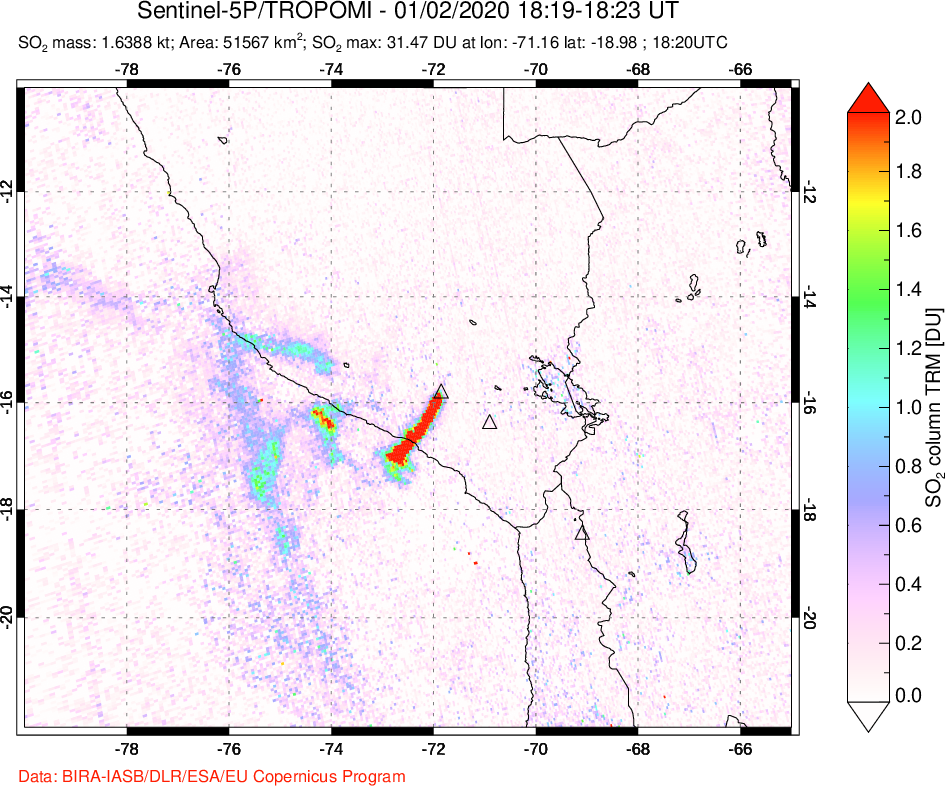 A sulfur dioxide image over Peru on Jan 02, 2020.
