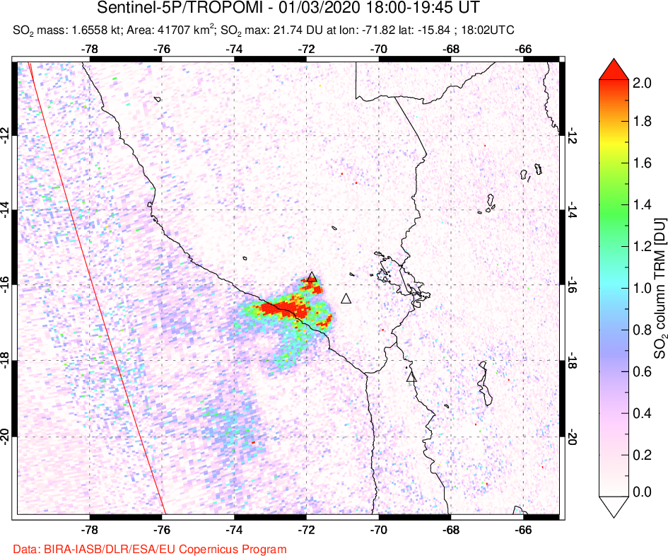 A sulfur dioxide image over Peru on Jan 03, 2020.