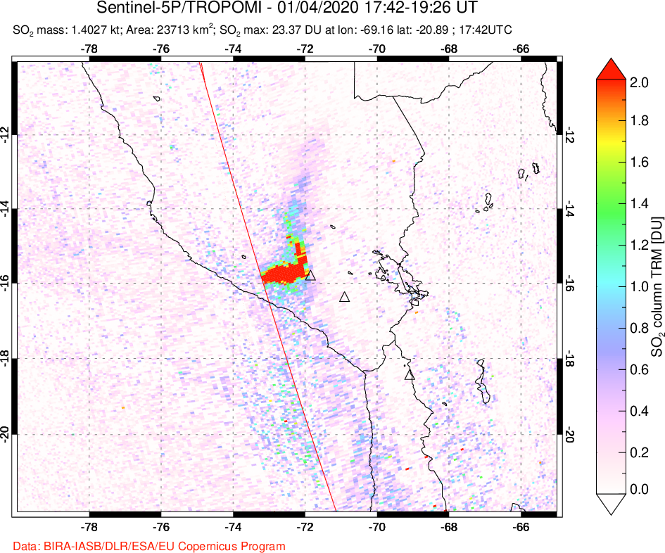 A sulfur dioxide image over Peru on Jan 04, 2020.
