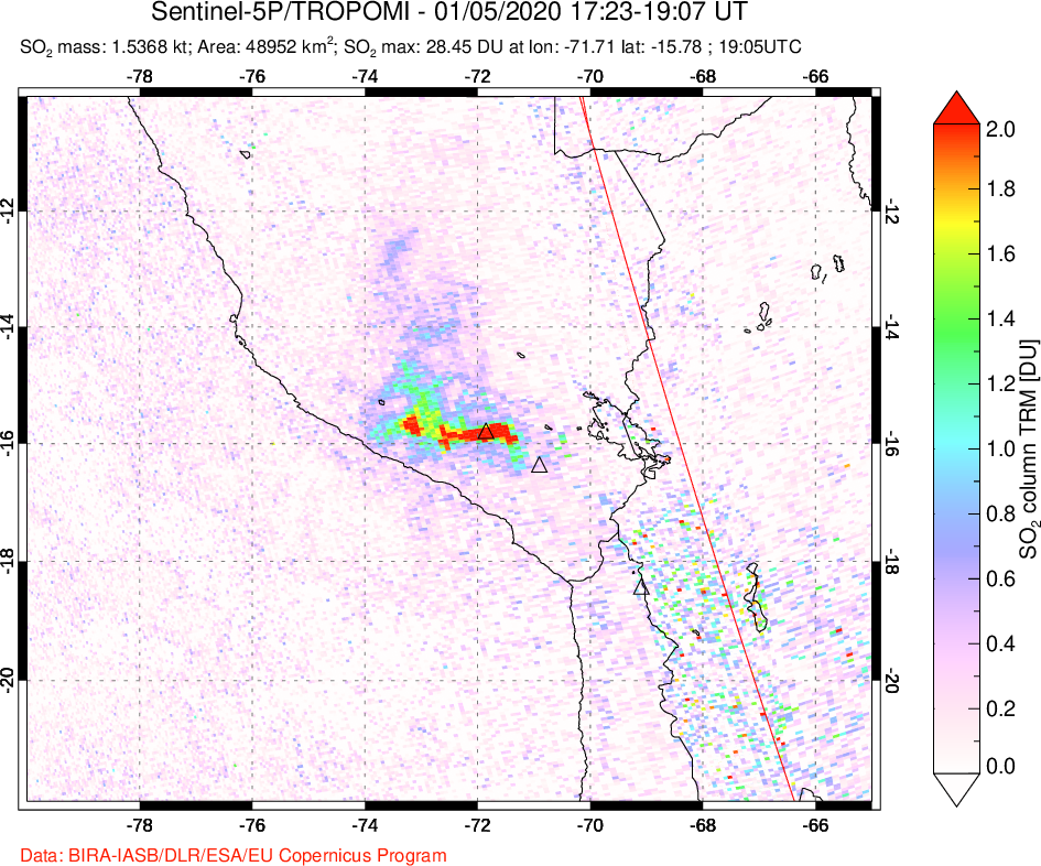 A sulfur dioxide image over Peru on Jan 05, 2020.