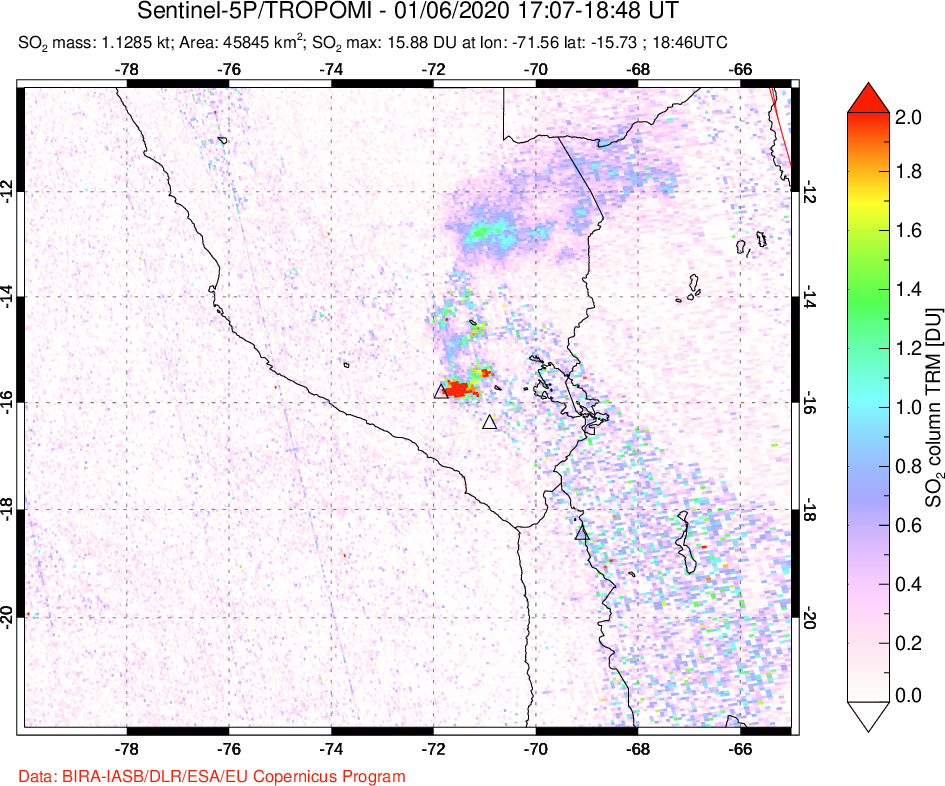 A sulfur dioxide image over Peru on Jan 06, 2020.