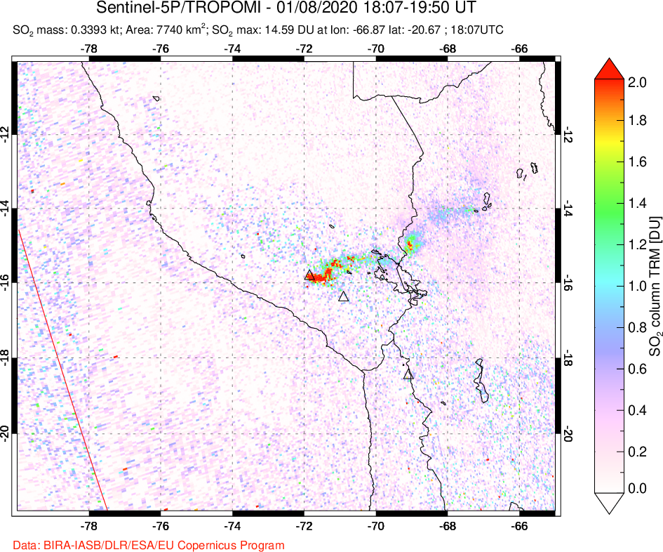 A sulfur dioxide image over Peru on Jan 08, 2020.