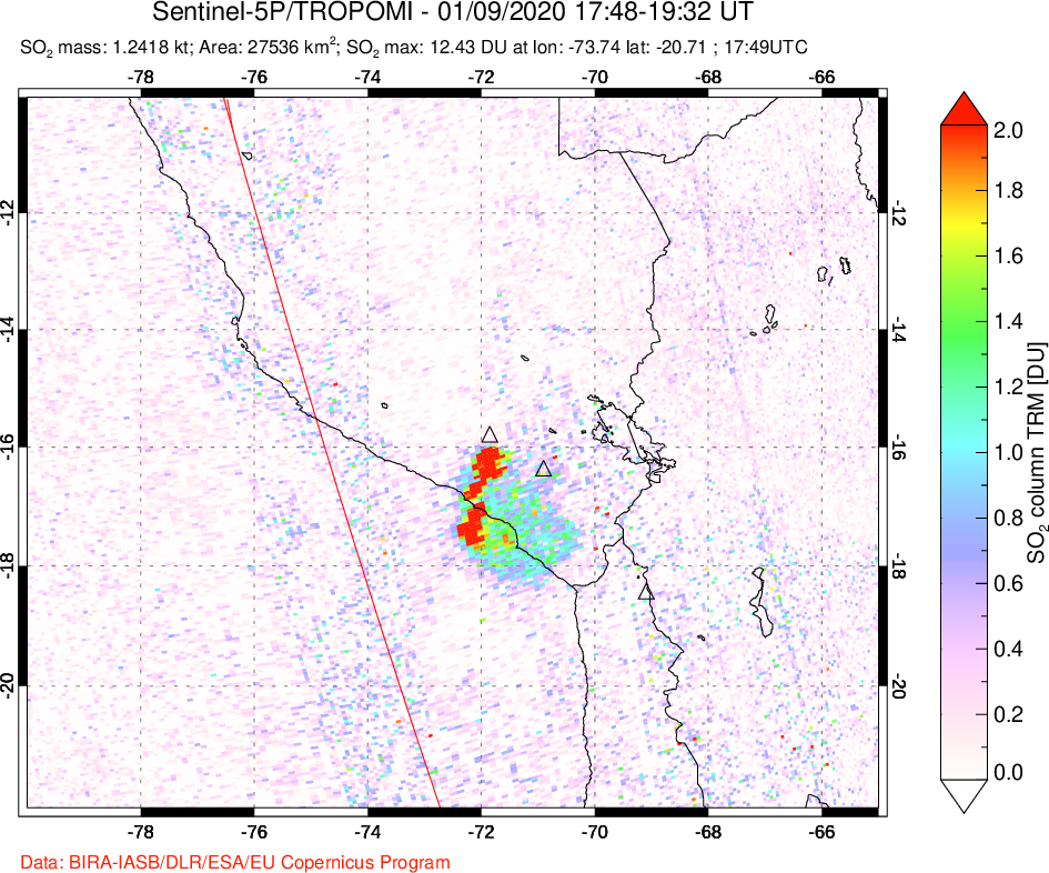 A sulfur dioxide image over Peru on Jan 09, 2020.
