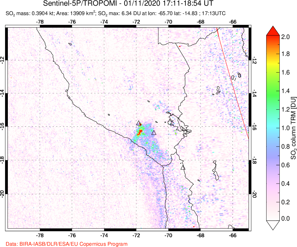A sulfur dioxide image over Peru on Jan 11, 2020.