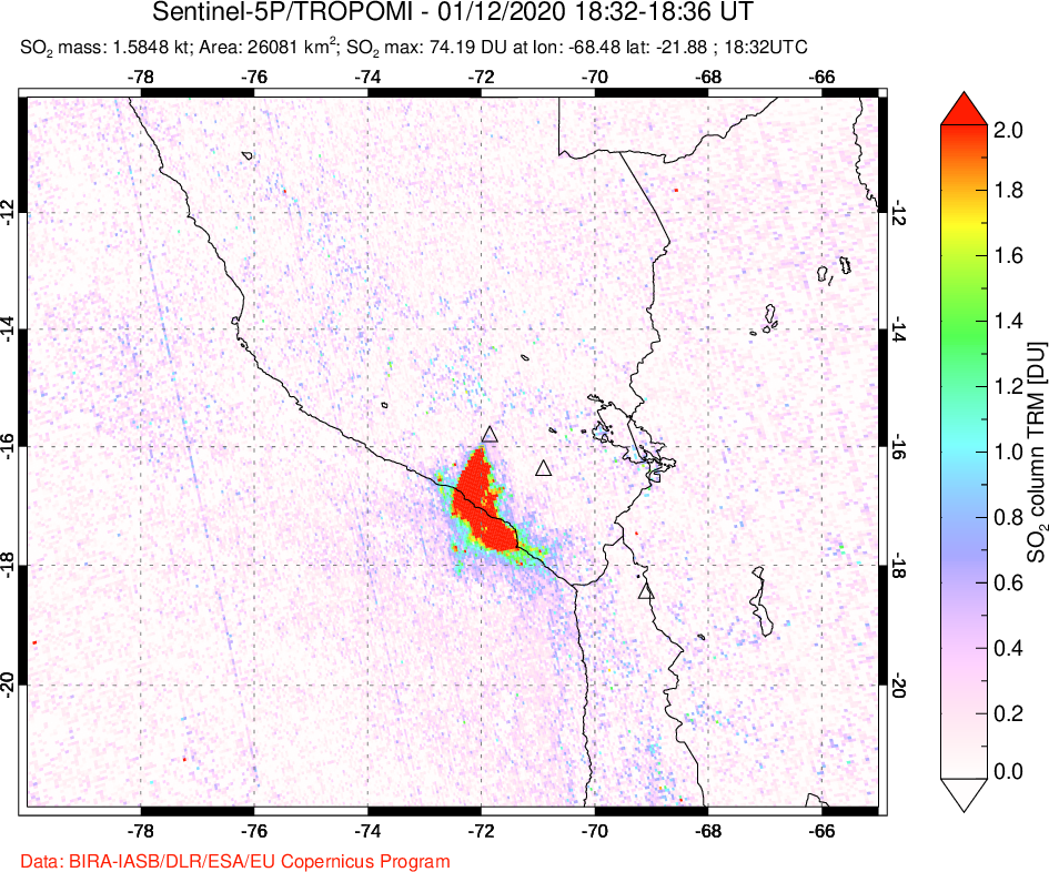A sulfur dioxide image over Peru on Jan 12, 2020.