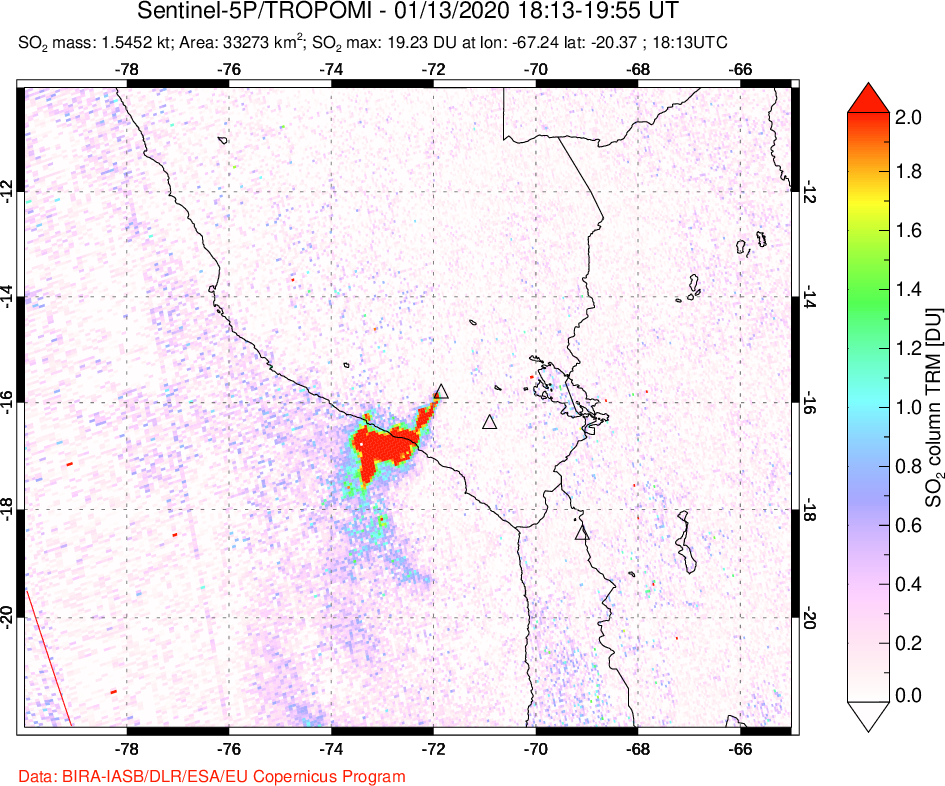 A sulfur dioxide image over Peru on Jan 13, 2020.