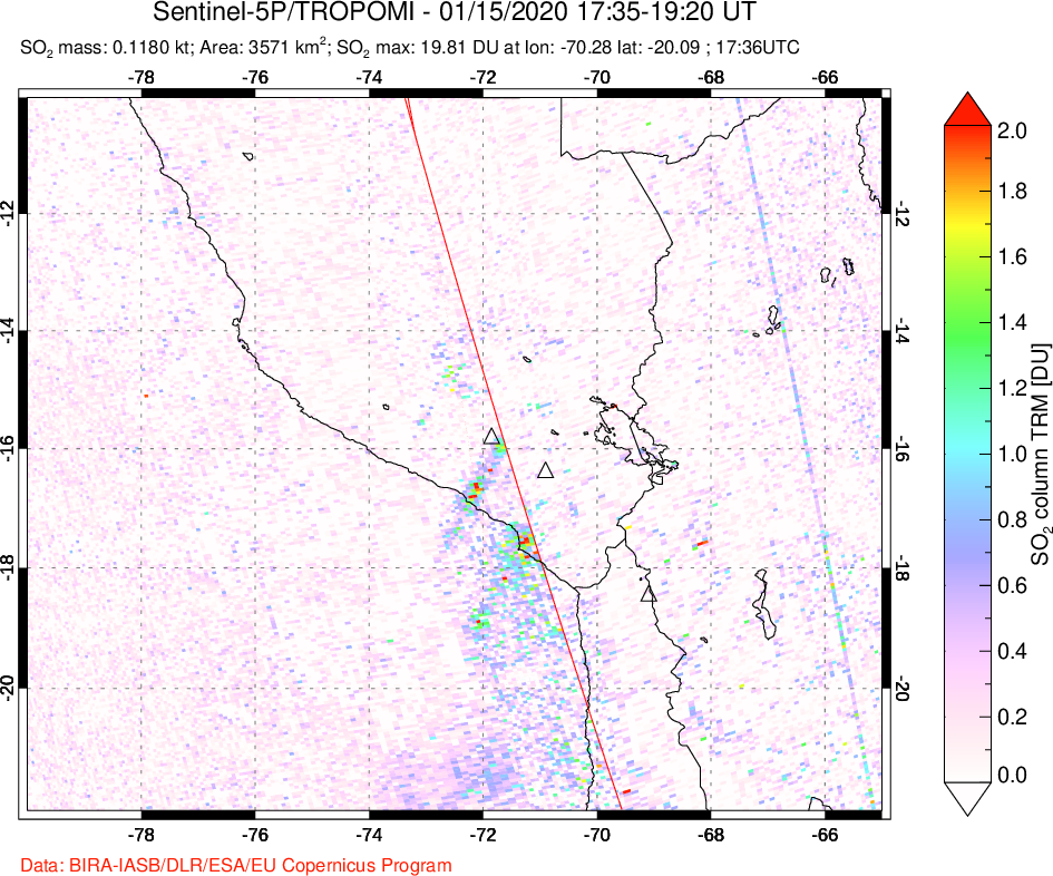 A sulfur dioxide image over Peru on Jan 15, 2020.