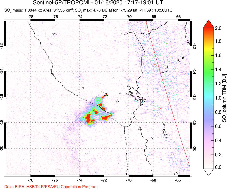 A sulfur dioxide image over Peru on Jan 16, 2020.