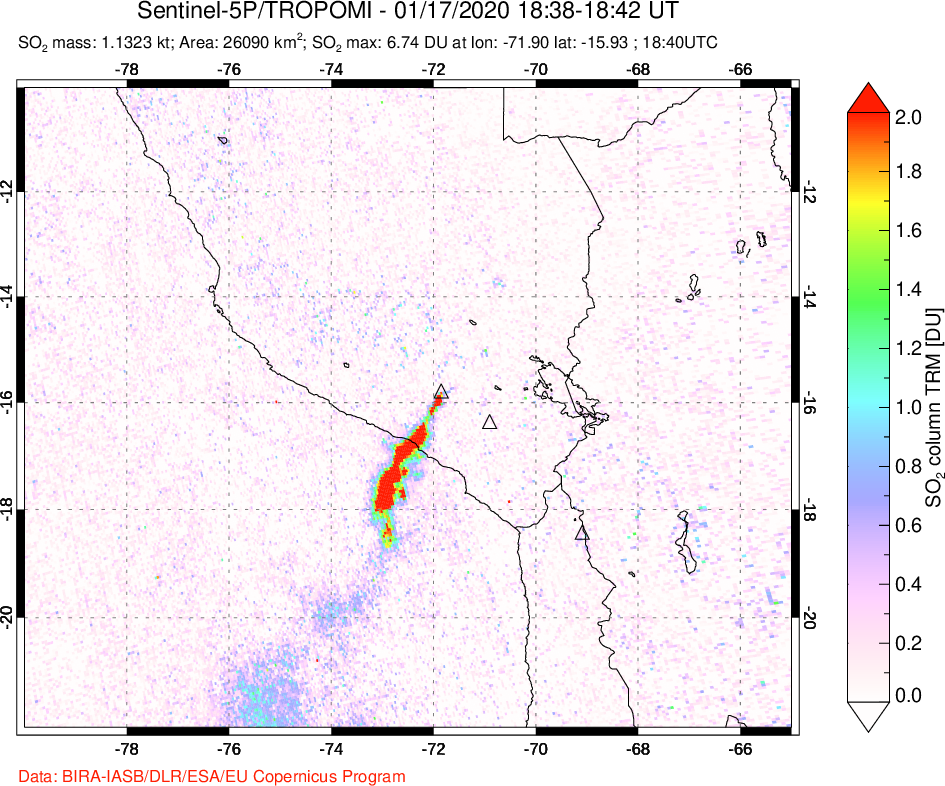 A sulfur dioxide image over Peru on Jan 17, 2020.