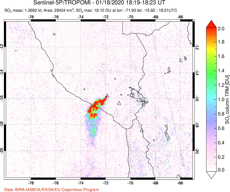 A sulfur dioxide image over Peru on Jan 18, 2020.