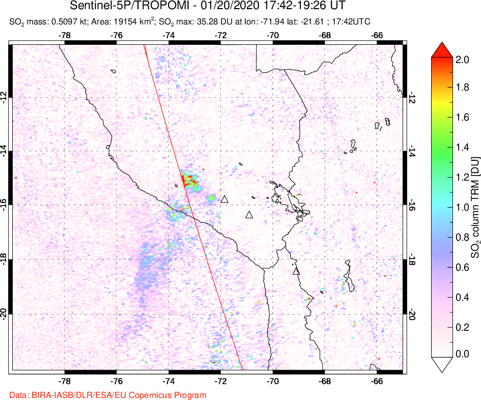 A sulfur dioxide image over Peru on Jan 20, 2020.