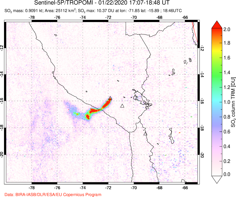 A sulfur dioxide image over Peru on Jan 22, 2020.