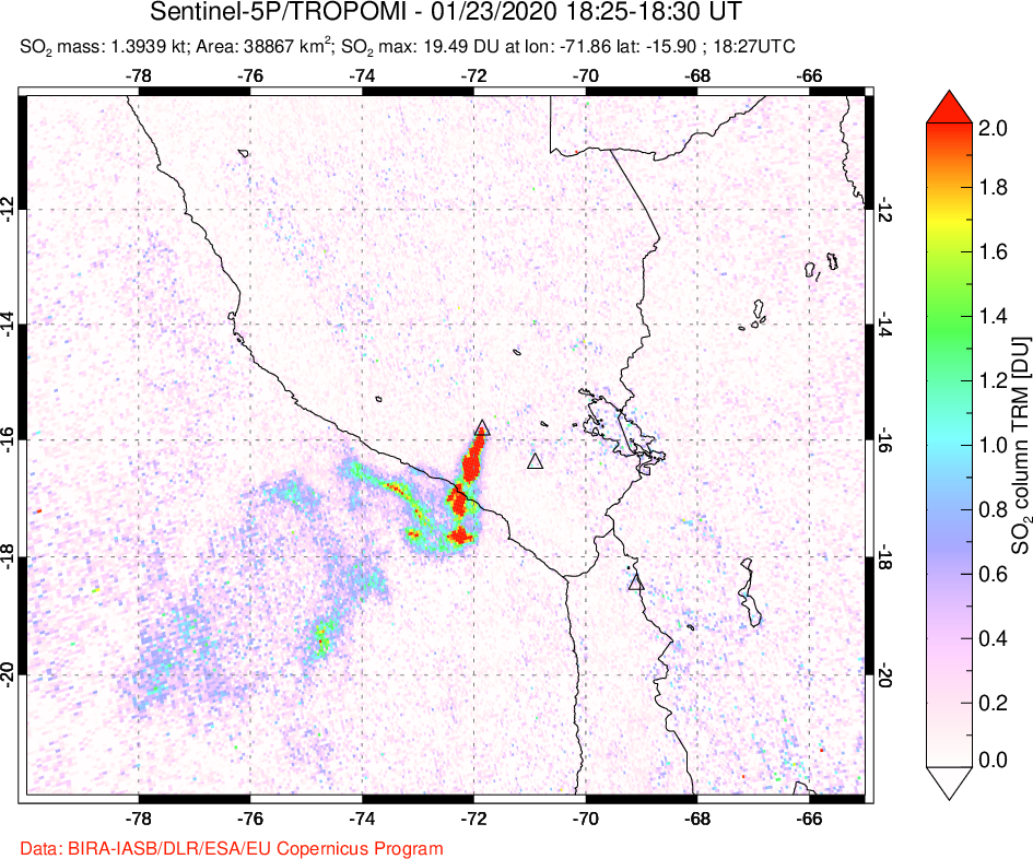 A sulfur dioxide image over Peru on Jan 23, 2020.