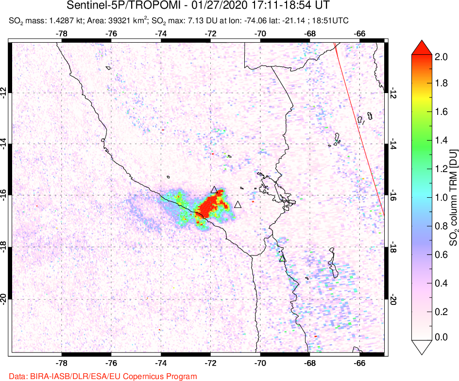 A sulfur dioxide image over Peru on Jan 27, 2020.