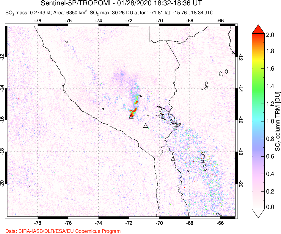 A sulfur dioxide image over Peru on Jan 28, 2020.