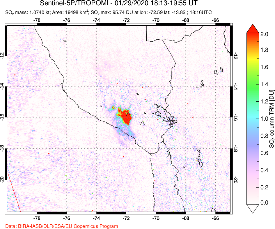 A sulfur dioxide image over Peru on Jan 29, 2020.