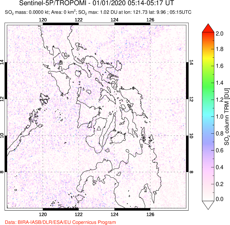 A sulfur dioxide image over Philippines on Jan 01, 2020.