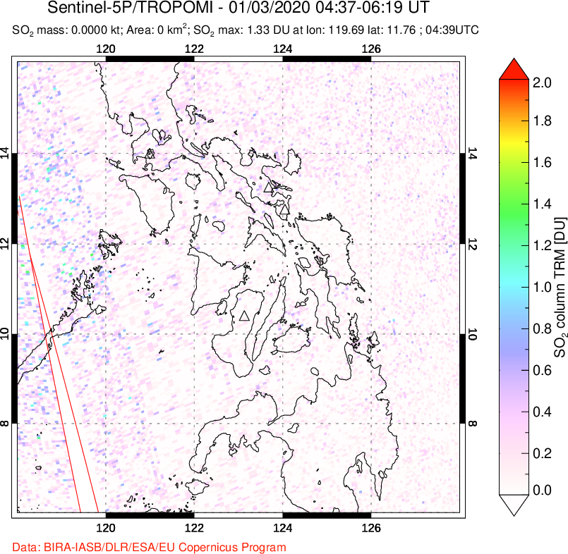 A sulfur dioxide image over Philippines on Jan 03, 2020.