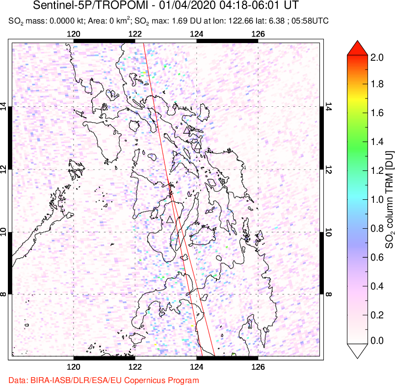 A sulfur dioxide image over Philippines on Jan 04, 2020.