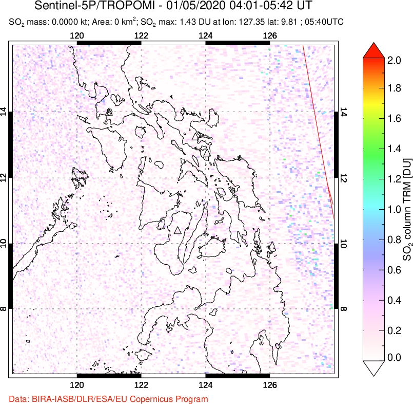A sulfur dioxide image over Philippines on Jan 05, 2020.