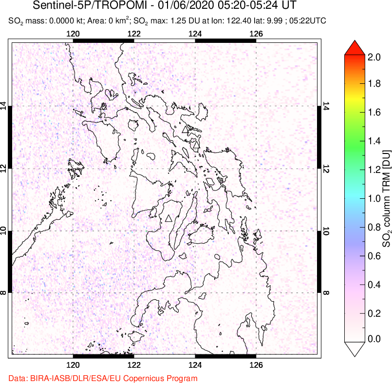 A sulfur dioxide image over Philippines on Jan 06, 2020.