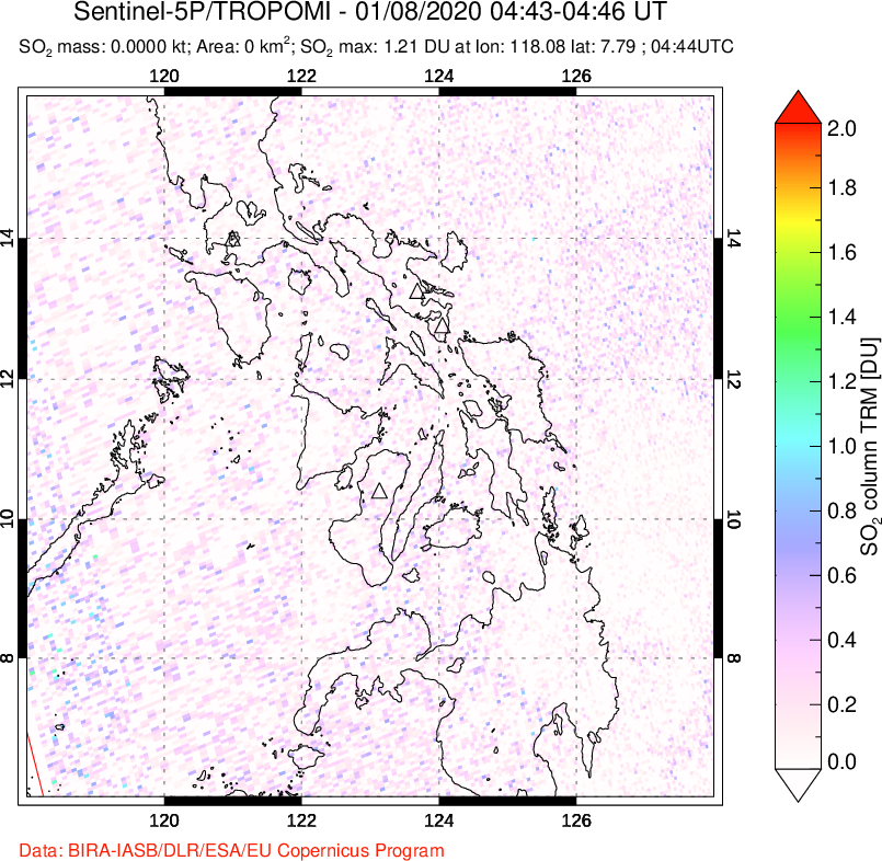 A sulfur dioxide image over Philippines on Jan 08, 2020.