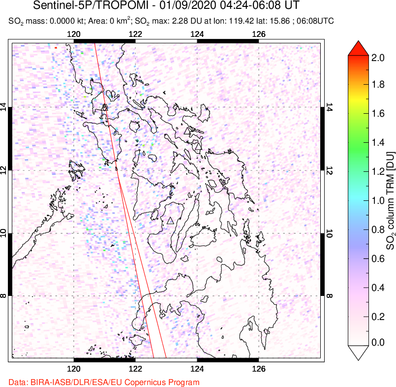 A sulfur dioxide image over Philippines on Jan 09, 2020.