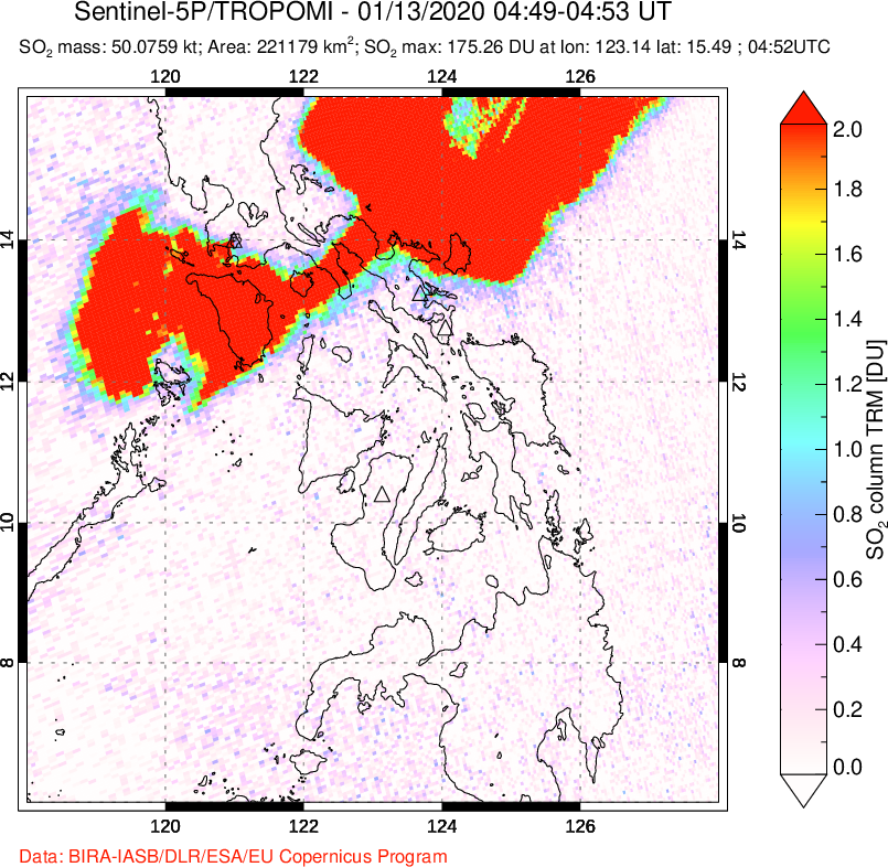 A sulfur dioxide image over Philippines on Jan 13, 2020.