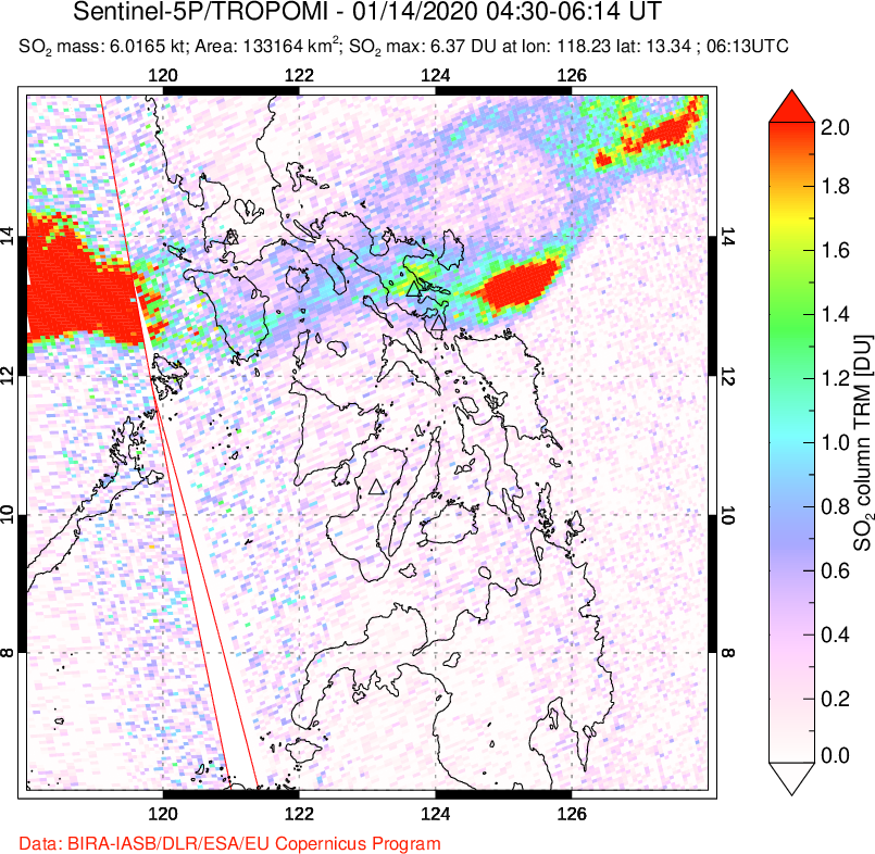 A sulfur dioxide image over Philippines on Jan 14, 2020.