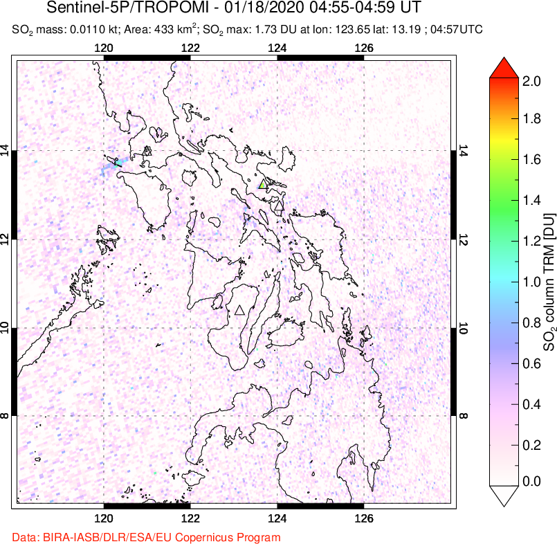A sulfur dioxide image over Philippines on Jan 18, 2020.