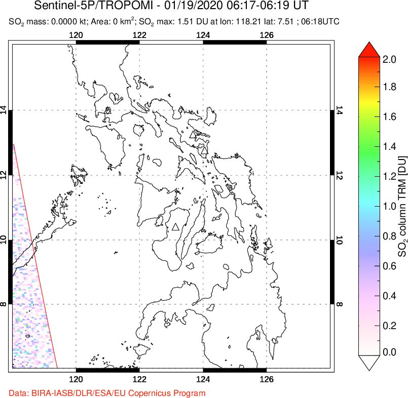 A sulfur dioxide image over Philippines on Jan 19, 2020.