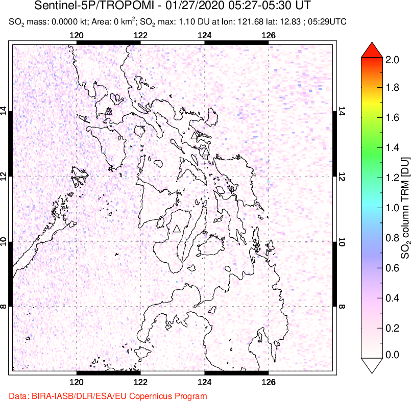 A sulfur dioxide image over Philippines on Jan 27, 2020.