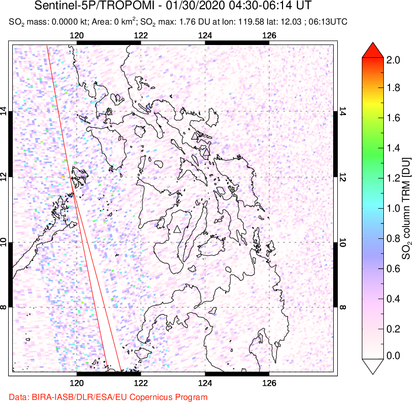 A sulfur dioxide image over Philippines on Jan 30, 2020.