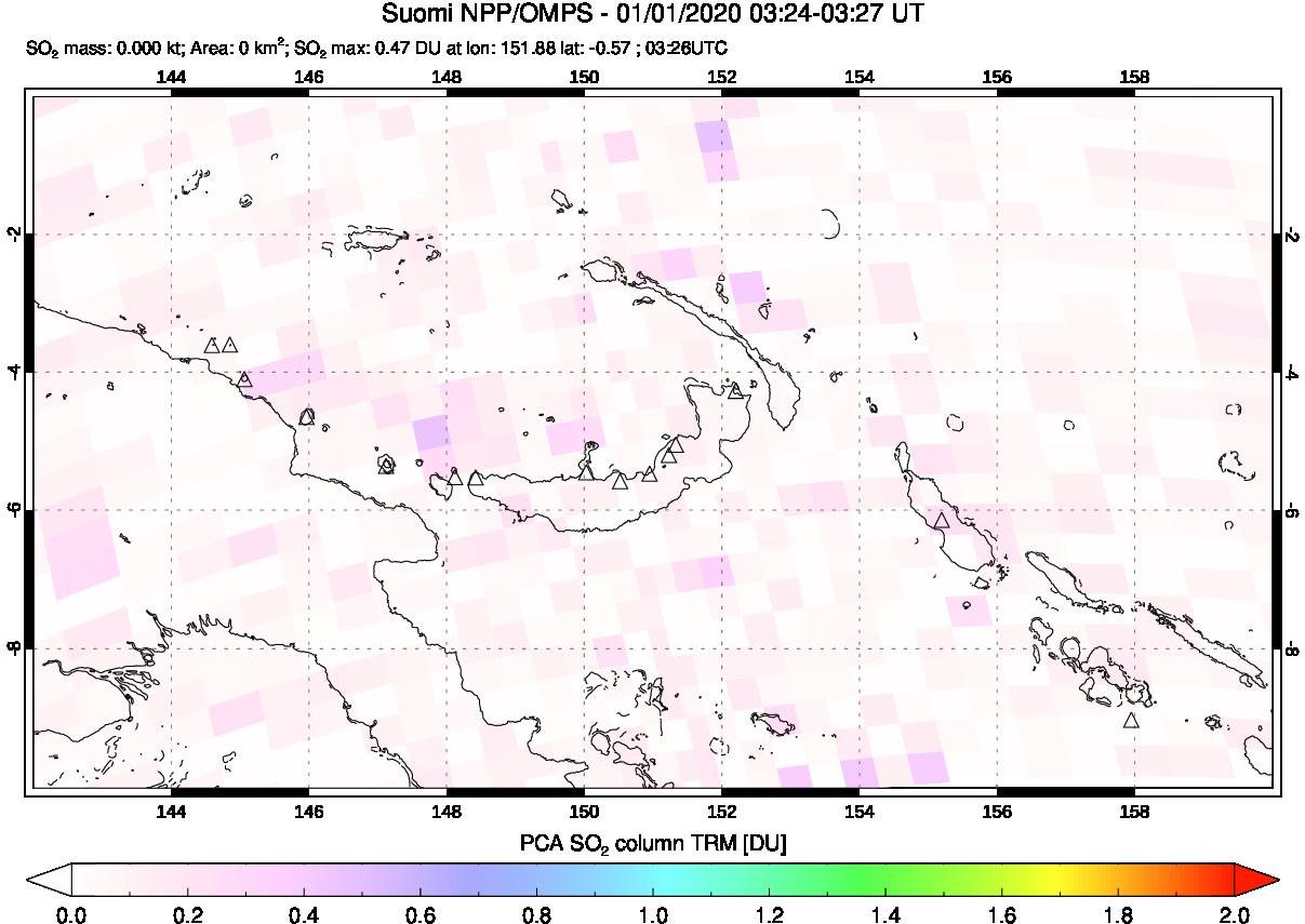 A sulfur dioxide image over Papua, New Guinea on Jan 01, 2020.
