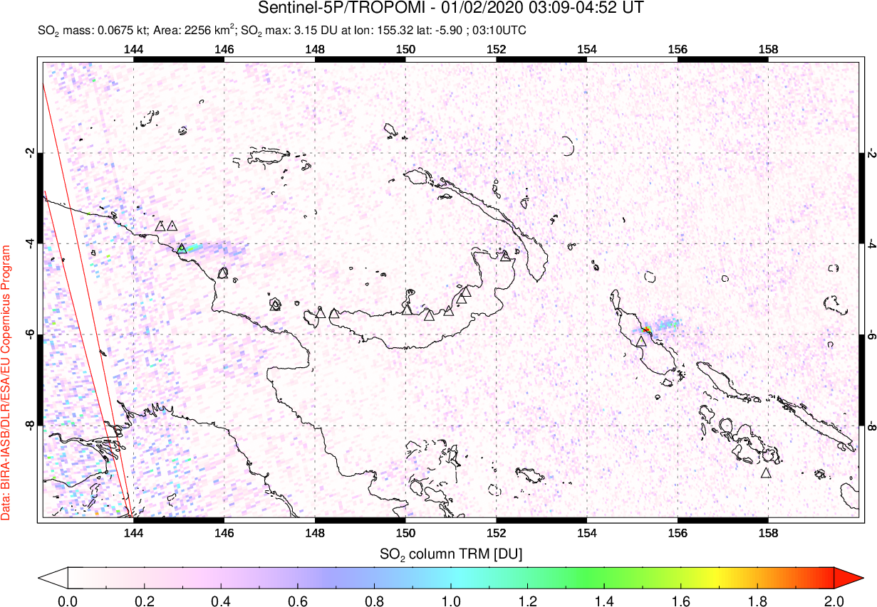 A sulfur dioxide image over Papua, New Guinea on Jan 02, 2020.