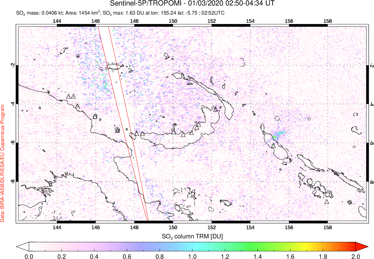 A sulfur dioxide image over Papua, New Guinea on Jan 03, 2020.