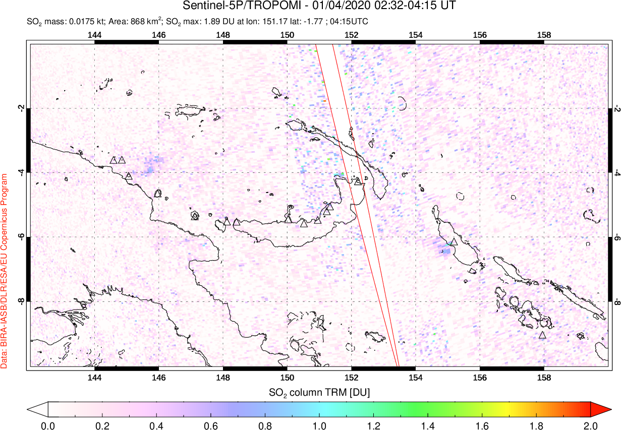 A sulfur dioxide image over Papua, New Guinea on Jan 04, 2020.