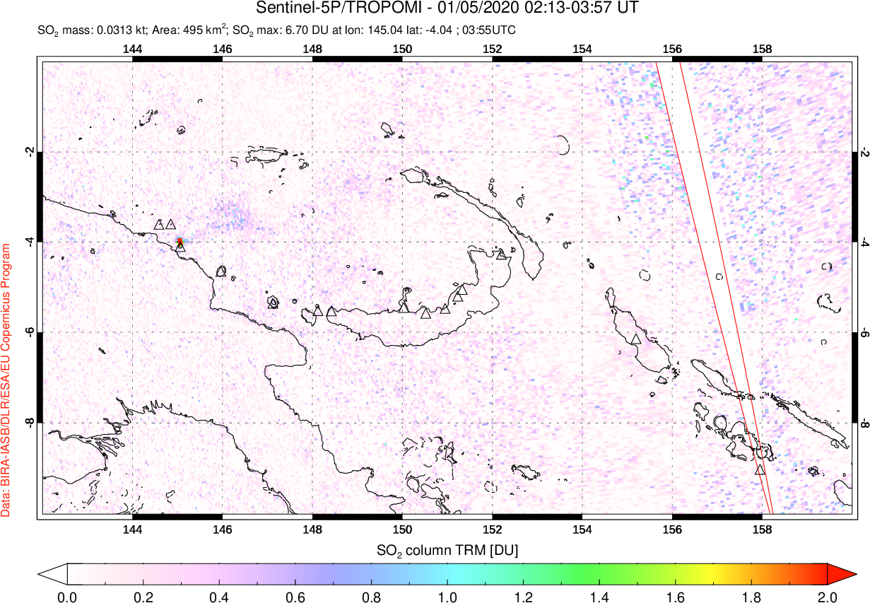 A sulfur dioxide image over Papua, New Guinea on Jan 05, 2020.