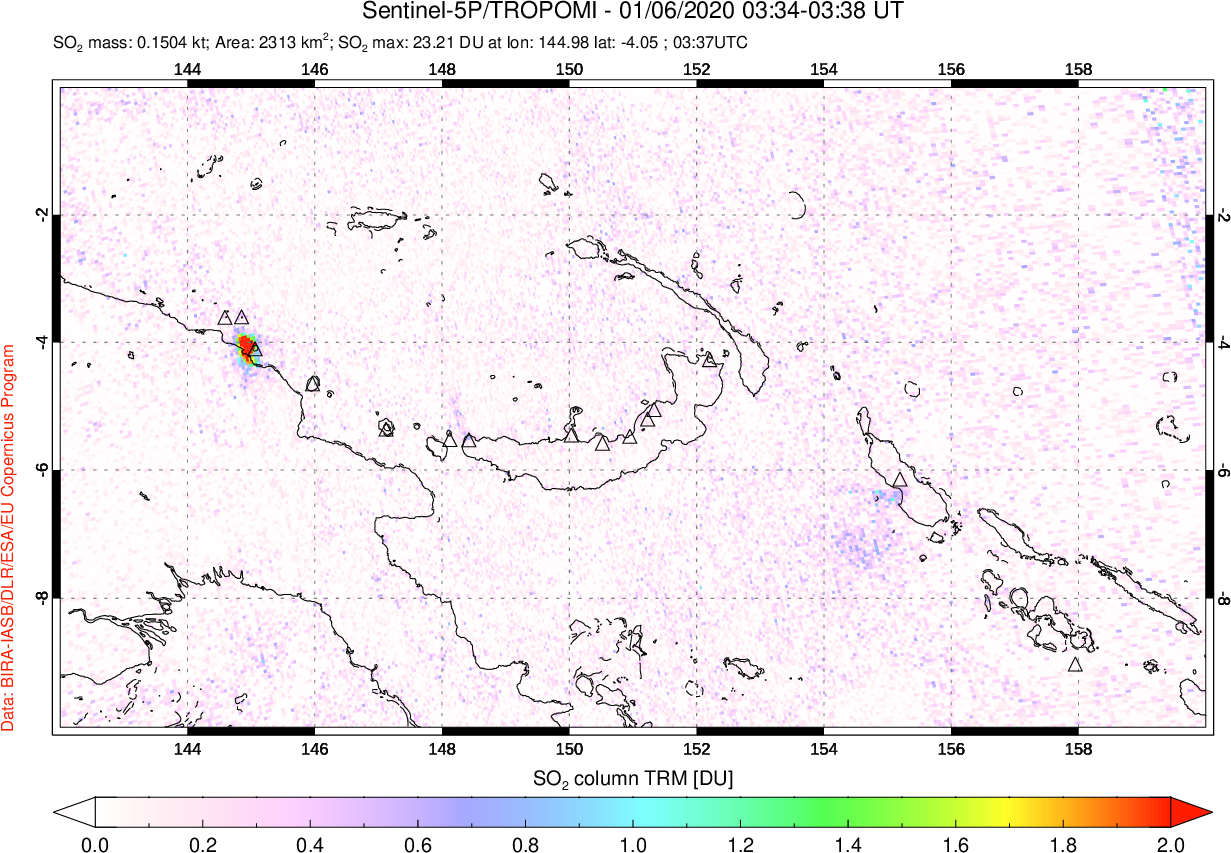 A sulfur dioxide image over Papua, New Guinea on Jan 06, 2020.
