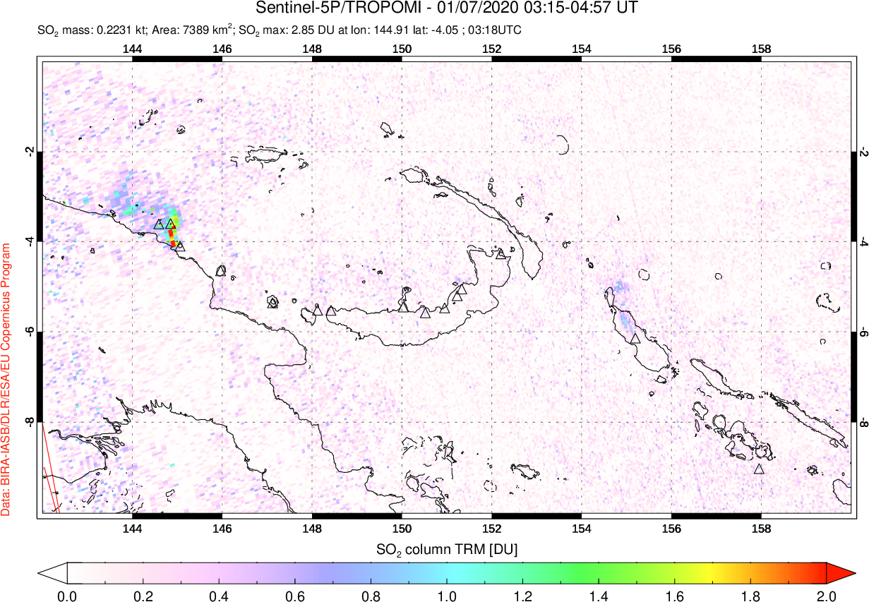 A sulfur dioxide image over Papua, New Guinea on Jan 07, 2020.