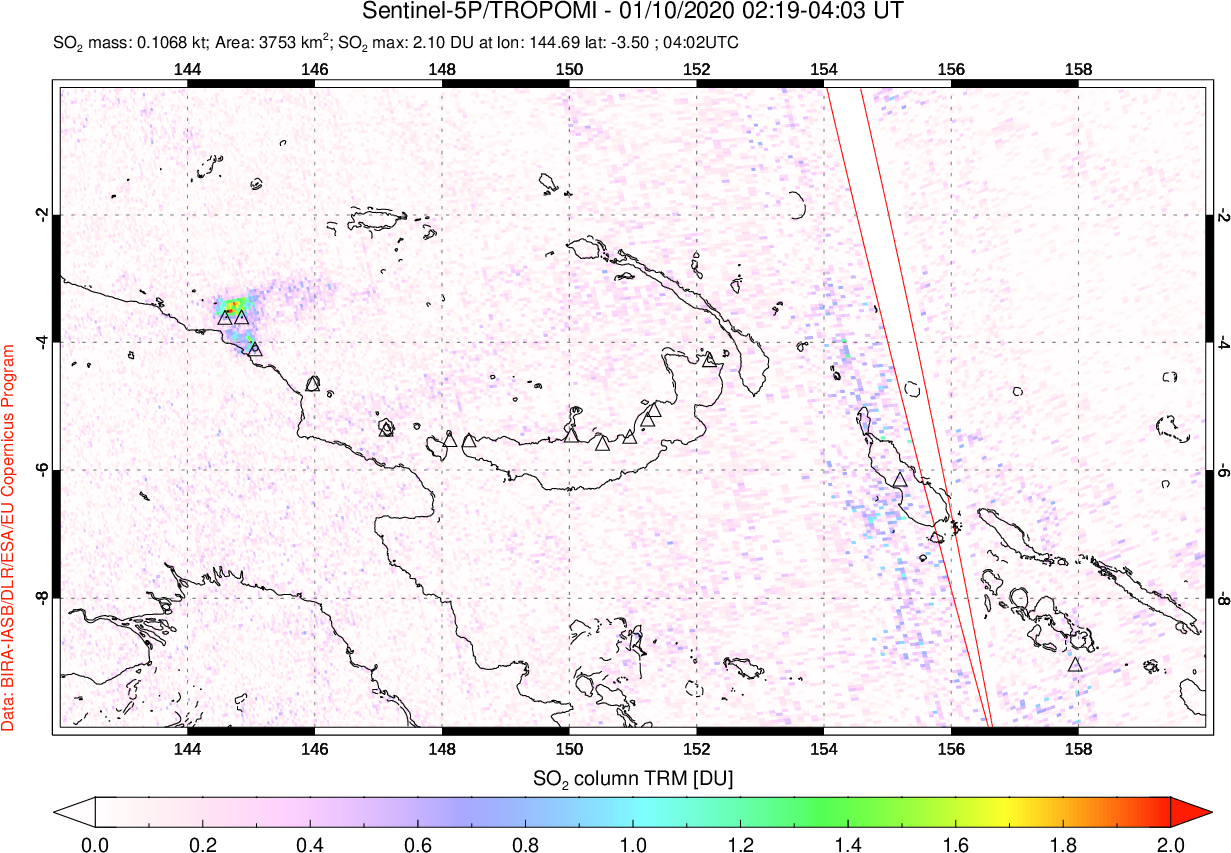 A sulfur dioxide image over Papua, New Guinea on Jan 10, 2020.