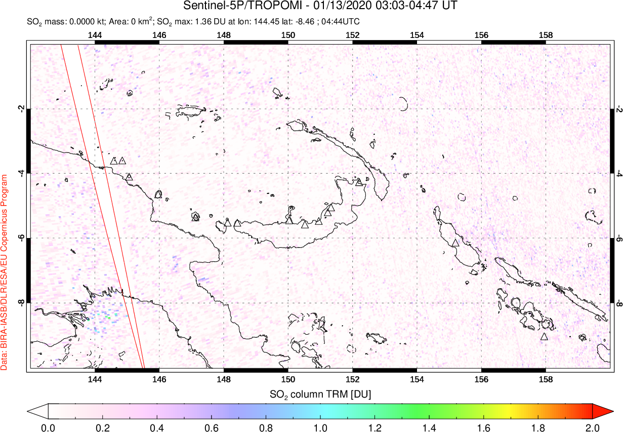 A sulfur dioxide image over Papua, New Guinea on Jan 13, 2020.