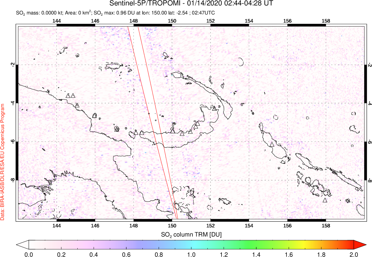 A sulfur dioxide image over Papua, New Guinea on Jan 14, 2020.