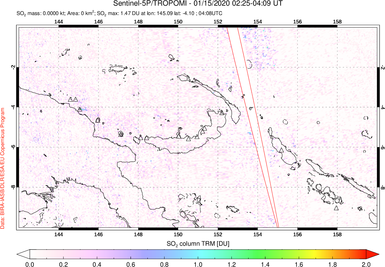 A sulfur dioxide image over Papua, New Guinea on Jan 15, 2020.