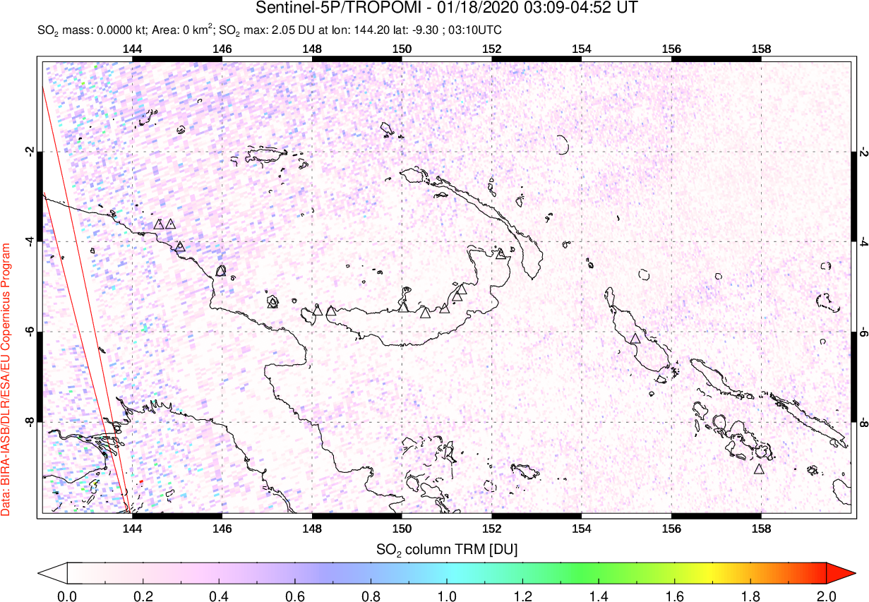 A sulfur dioxide image over Papua, New Guinea on Jan 18, 2020.