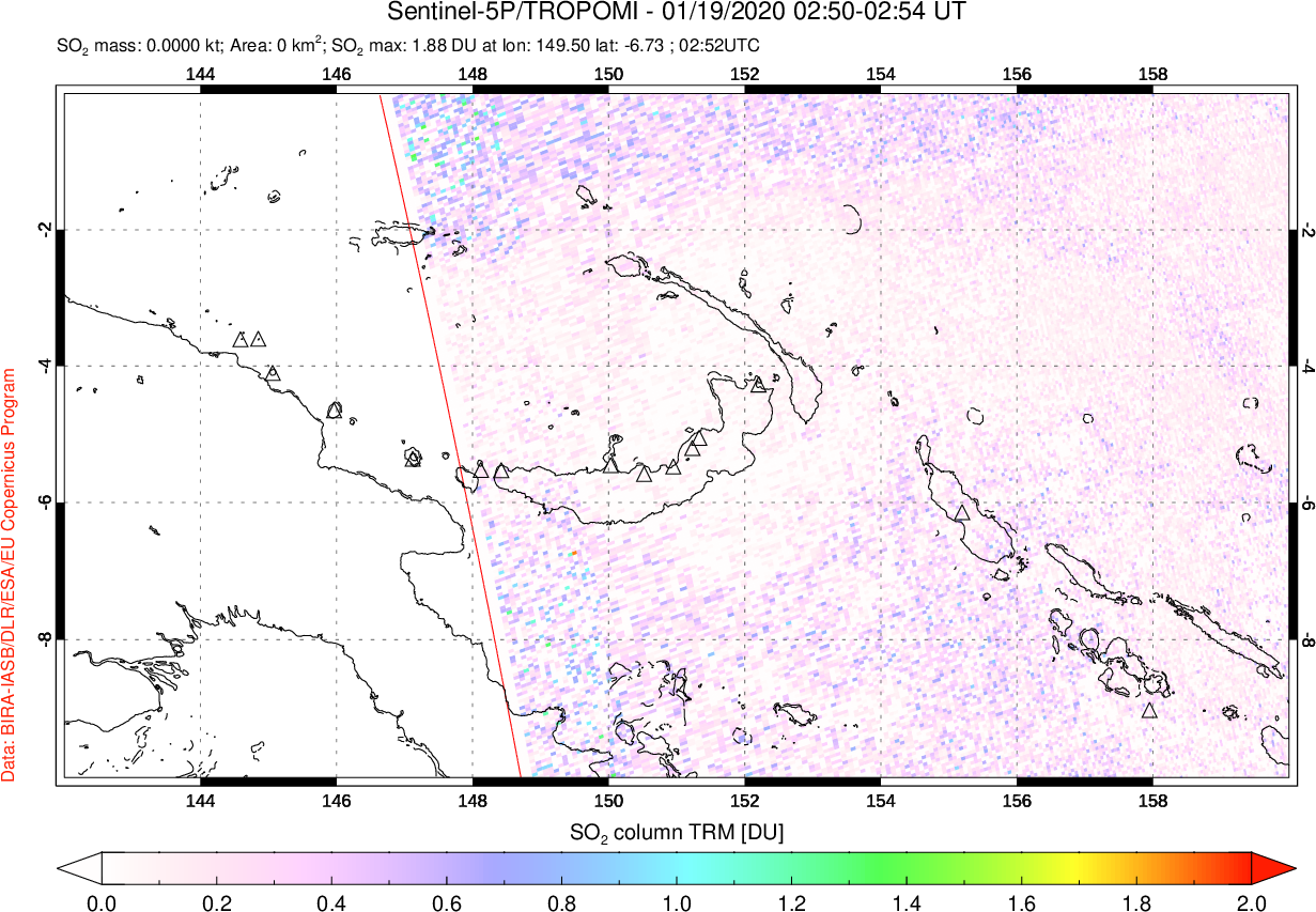 A sulfur dioxide image over Papua, New Guinea on Jan 19, 2020.