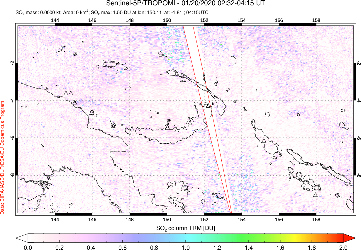A sulfur dioxide image over Papua, New Guinea on Jan 20, 2020.