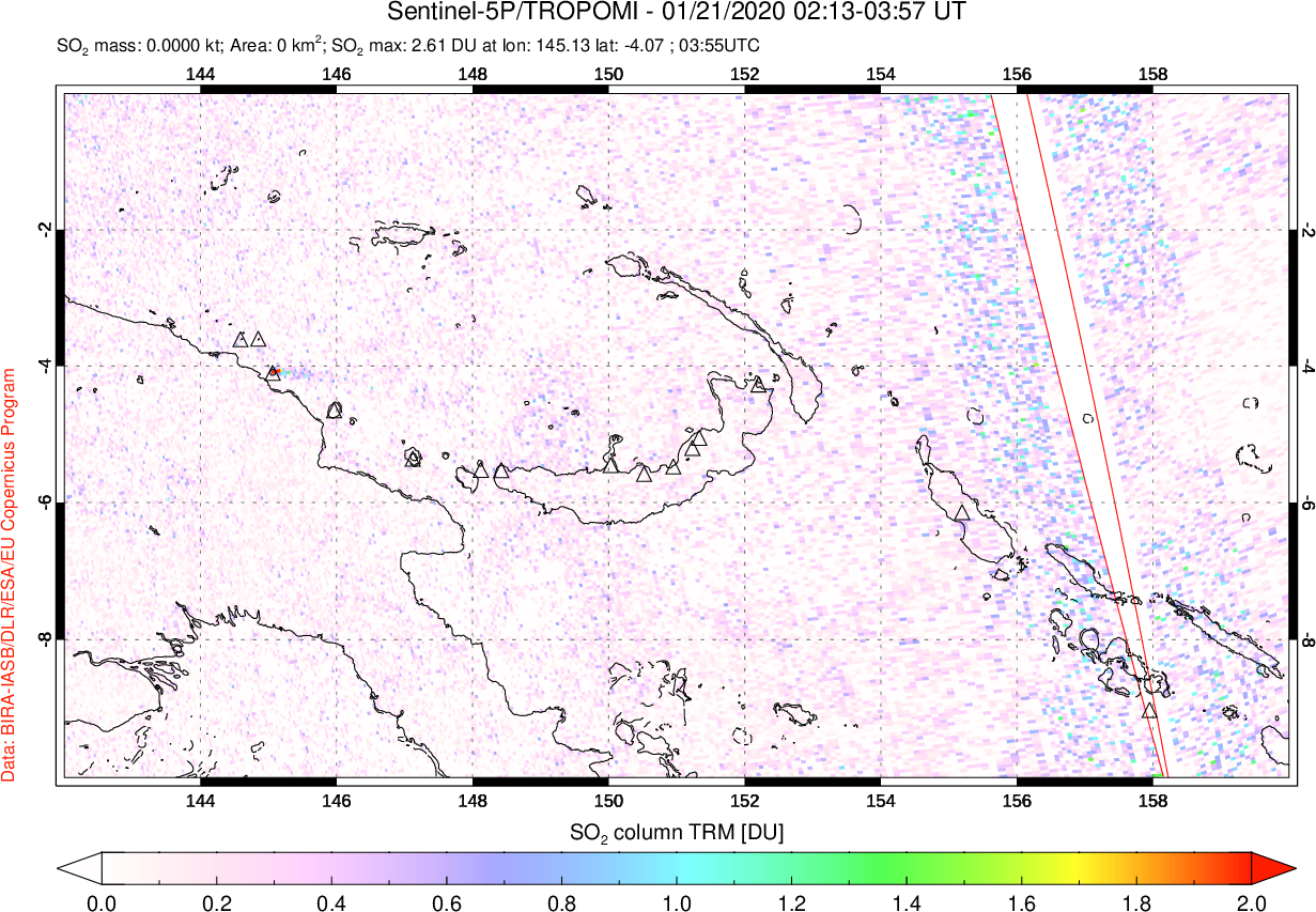 A sulfur dioxide image over Papua, New Guinea on Jan 21, 2020.