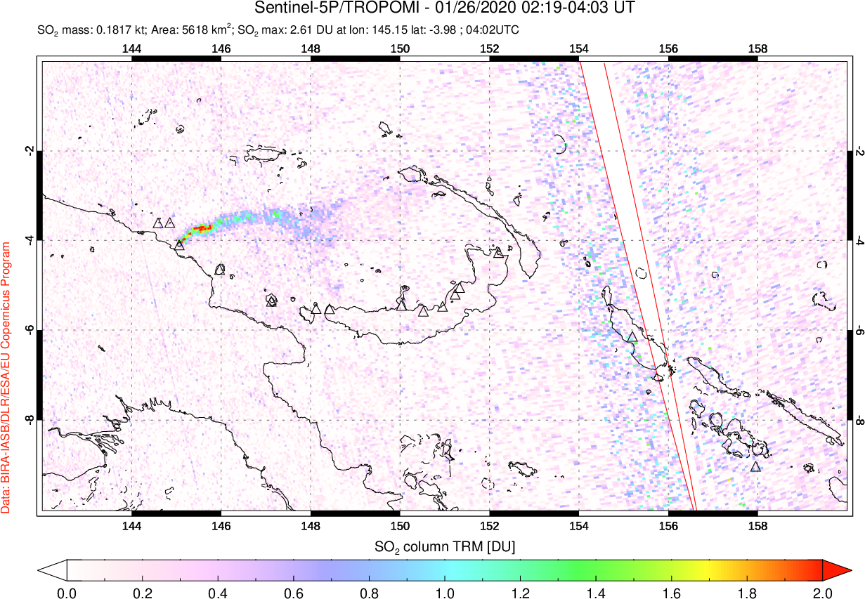 A sulfur dioxide image over Papua, New Guinea on Jan 26, 2020.
