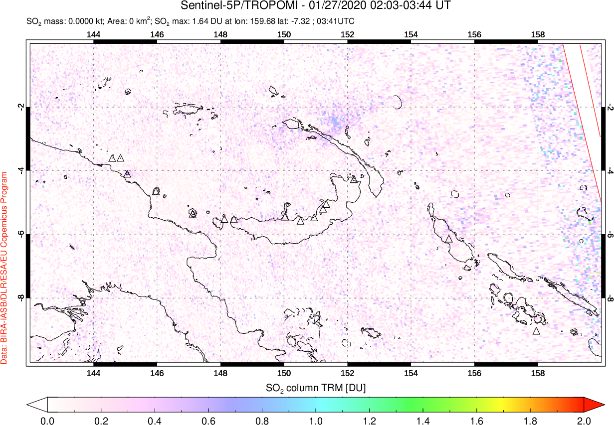 A sulfur dioxide image over Papua, New Guinea on Jan 27, 2020.